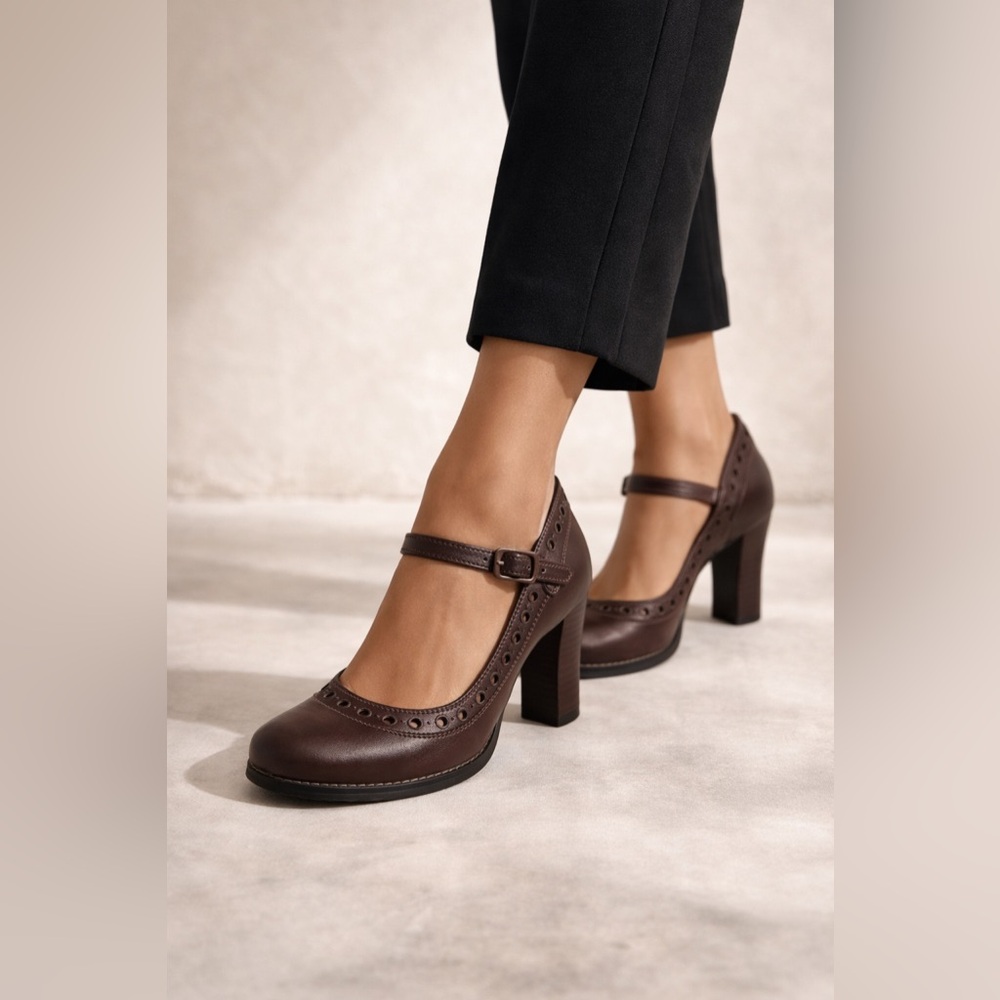 Miss Bisou | Brown Leather Ankle Strap Heels | Y2K Chunky Heel Grommet Detail